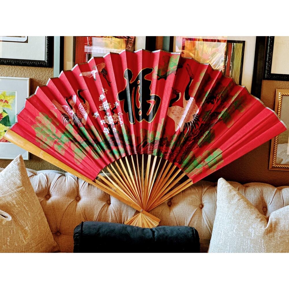 Vintage Giant Bamboo Asian Fan Oriental Red Hand Painted Wall Bamboo Folding